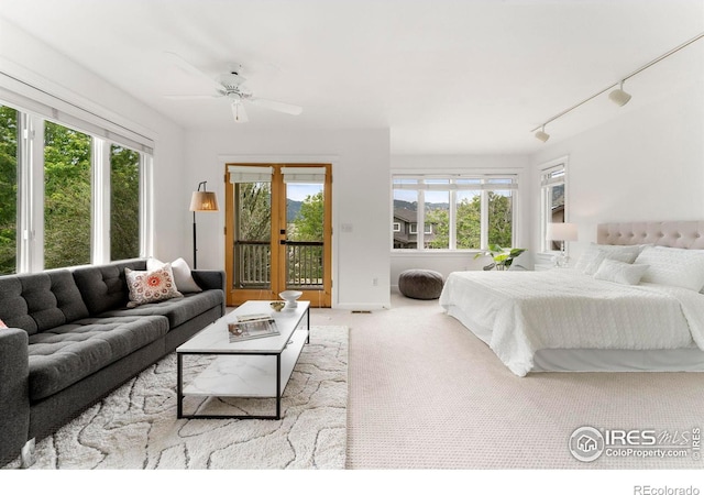 carpeted bedroom with ceiling fan, track lighting, multiple windows, and access to outside