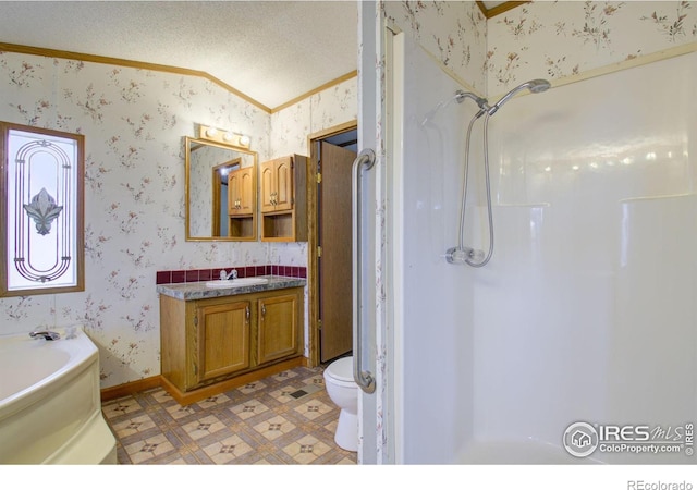 full bathroom with vaulted ceiling, vanity, toilet, crown molding, and a textured ceiling