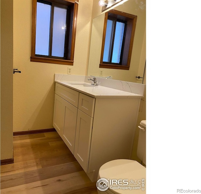 bathroom with vanity, hardwood / wood-style flooring, and toilet