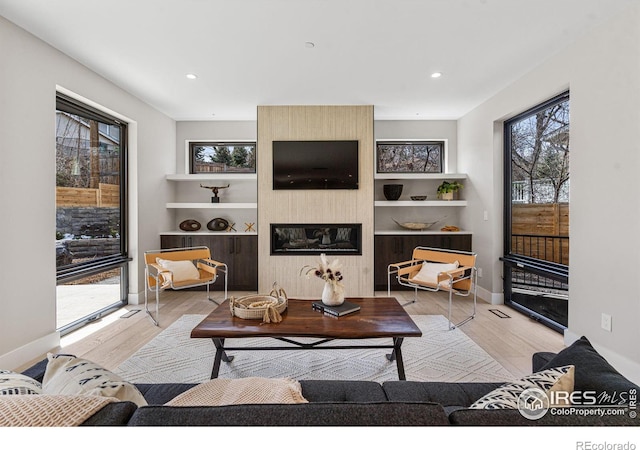 living room featuring a large fireplace and light wood-type flooring