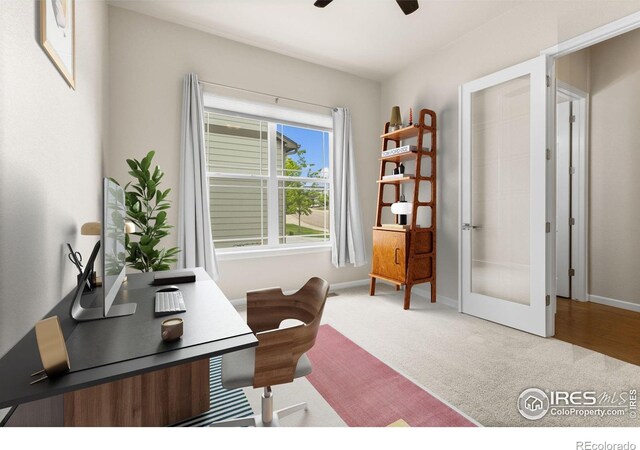 979 Stagecoach Dr, Lafayette, CO 80026 - home office featuring ceiling fan, carpet floors, baseboards, and french doors