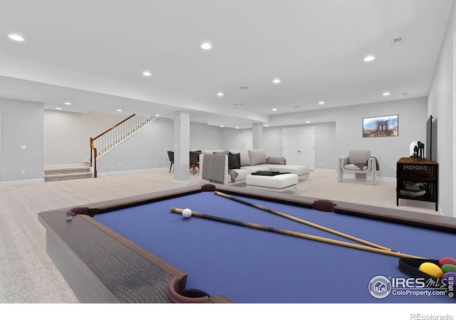 979 Stagecoach Dr, Lafayette, CO 80026 - game room featuring carpet floors, billiards, recessed lighting, and baseboards