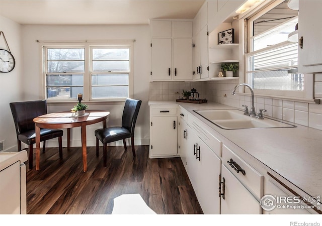 kitchen with white cabinetry, dark hardwood / wood-style flooring, sink, and tasteful backsplash