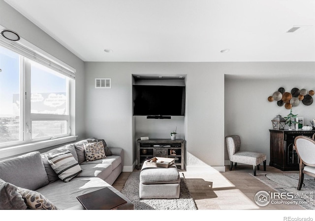 living room with light hardwood / wood-style flooring