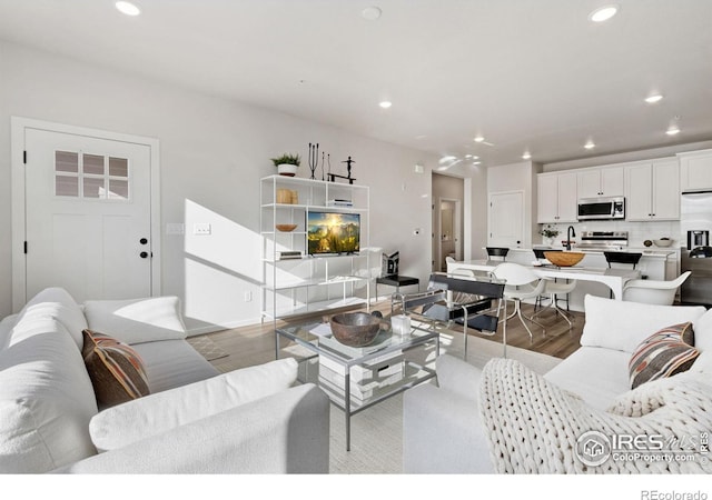 living room with sink and light hardwood / wood-style floors