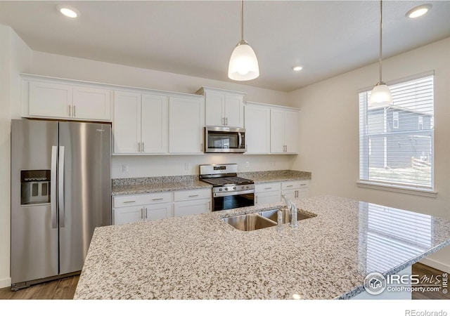 kitchen with stainless steel appliances, white cabinetry, and sink