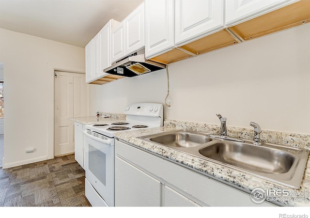 kitchen featuring white cabinetry, sink, and white electric range