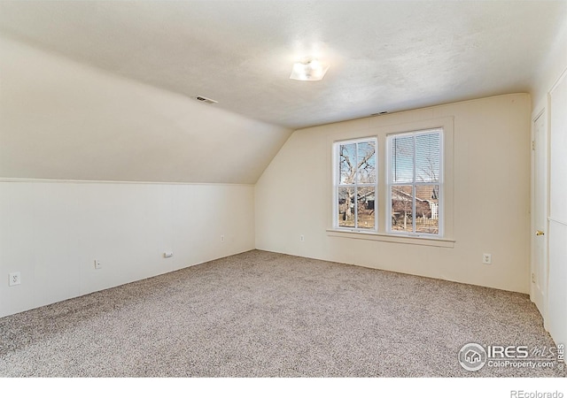 additional living space featuring vaulted ceiling, carpet, and a textured ceiling