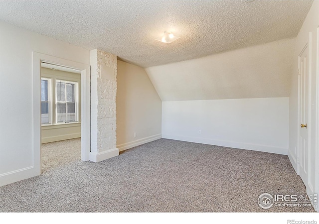 additional living space featuring lofted ceiling, a textured ceiling, and carpet