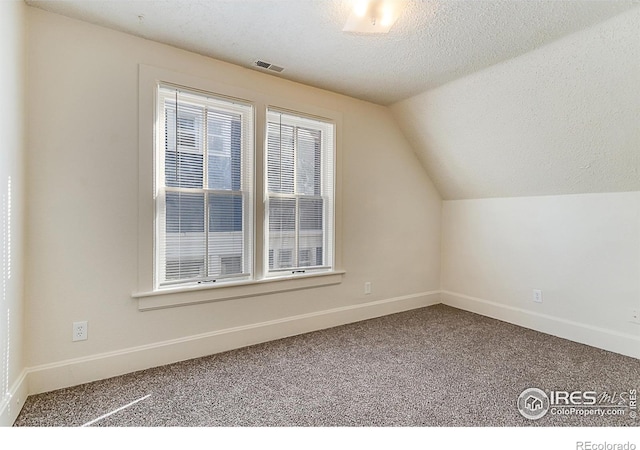 additional living space with vaulted ceiling, a textured ceiling, and carpet flooring