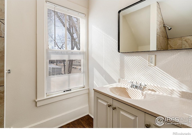 bathroom featuring vanity and hardwood / wood-style flooring