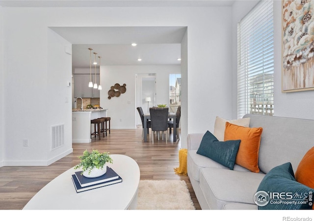 living room with a healthy amount of sunlight, sink, and light hardwood / wood-style flooring