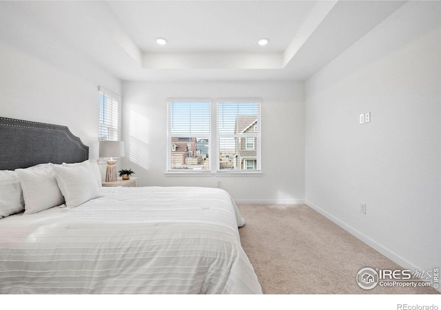 carpeted bedroom with a tray ceiling