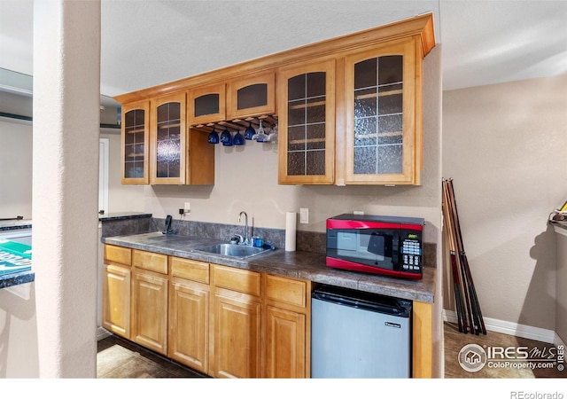 kitchen with stainless steel fridge and sink