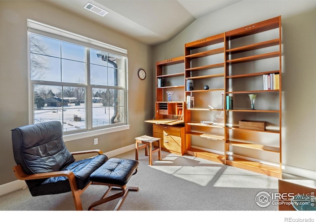 living area featuring vaulted ceiling and carpet flooring