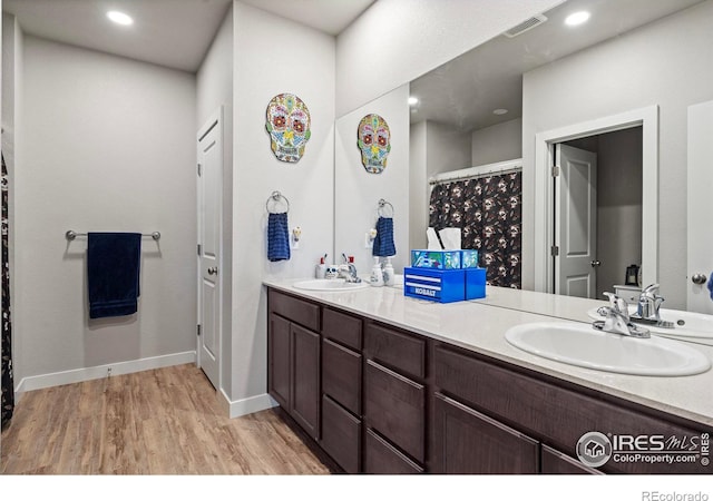 bathroom featuring vanity, a shower with curtain, and wood-type flooring