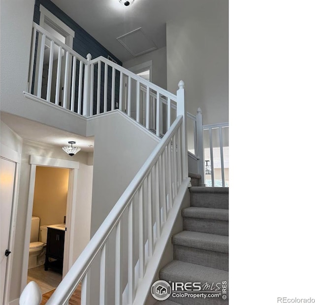 stairway with a towering ceiling