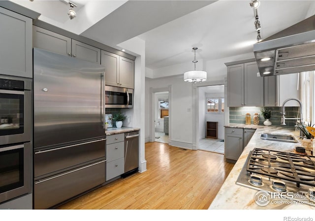 kitchen featuring sink, gray cabinets, appliances with stainless steel finishes, backsplash, and decorative light fixtures