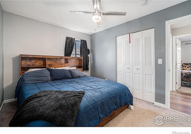 bedroom featuring carpet floors, a closet, and ceiling fan