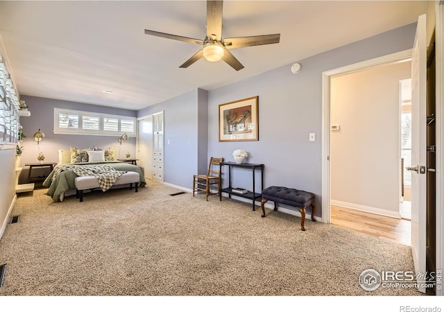 bedroom with carpet flooring and ceiling fan