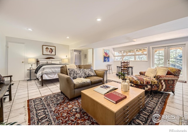 tiled living room with french doors