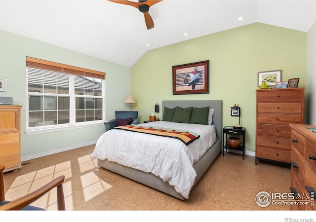 bedroom with lofted ceiling and ceiling fan