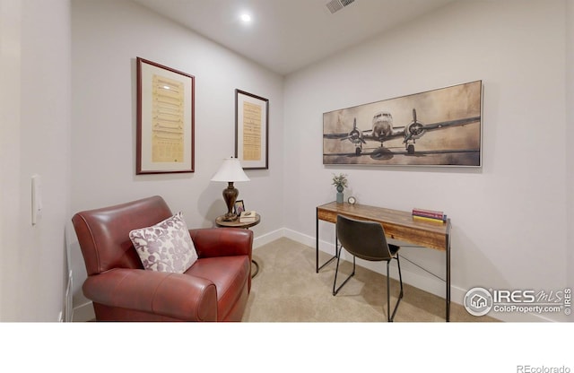 home office with light colored carpet