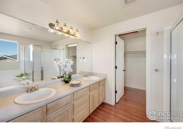 bathroom with a shower stall, a spacious closet, visible vents, and a sink