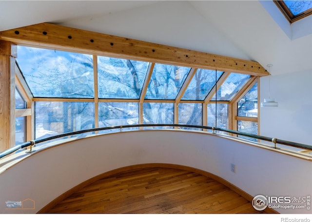 details featuring wood finished floors, a skylight, and baseboards