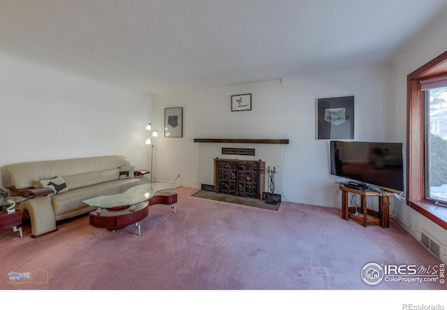 living room featuring carpet floors, visible vents, and baseboards