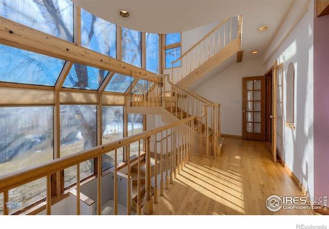 stairs featuring wood-type flooring and plenty of natural light