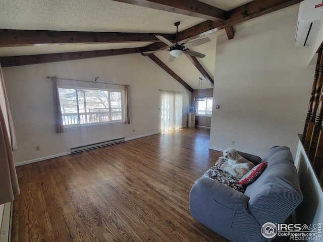 unfurnished living room featuring a baseboard radiator, dark hardwood / wood-style floors, vaulted ceiling with beams, and a wall mounted air conditioner