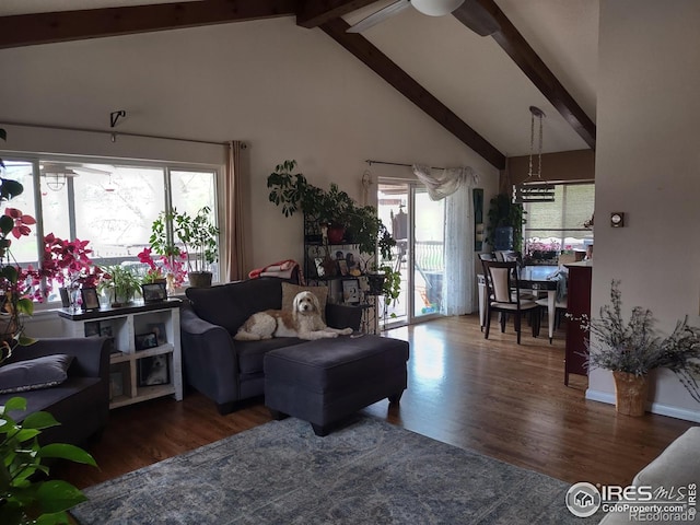 living room with dark hardwood / wood-style flooring, high vaulted ceiling, and beam ceiling