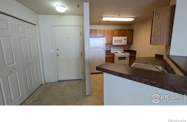 kitchen with sink, white appliances, and kitchen peninsula