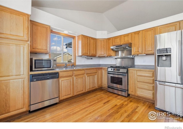 kitchen featuring sink, vaulted ceiling, stainless steel appliances, and light hardwood / wood-style floors