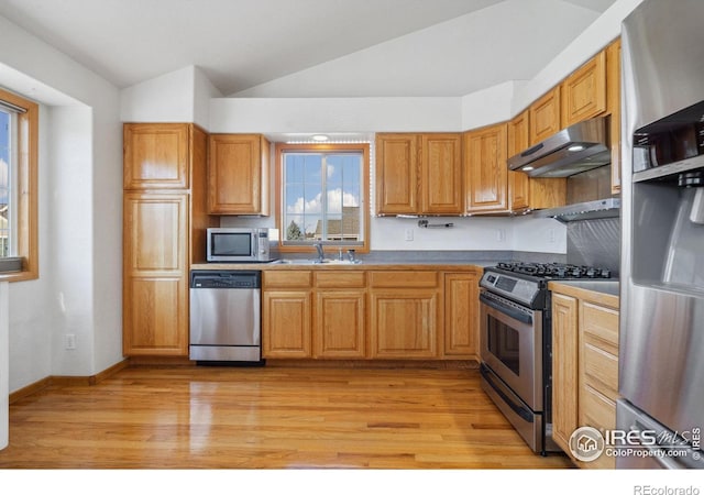 kitchen featuring vaulted ceiling, appliances with stainless steel finishes, sink, and light hardwood / wood-style flooring