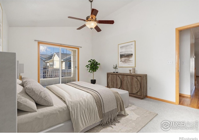 bedroom with lofted ceiling, light colored carpet, access to exterior, and ceiling fan