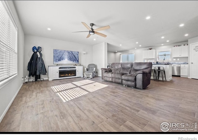 living room featuring ceiling fan and light hardwood / wood-style flooring