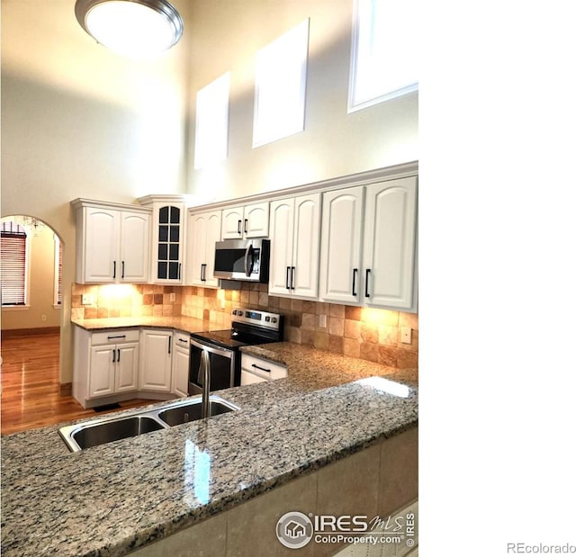 2023 81st Ave, Greeley, CO 80634 - kitchen featuring appliances with stainless steel finishes, glass insert cabinets, stone counters, decorative backsplash, and a high ceiling