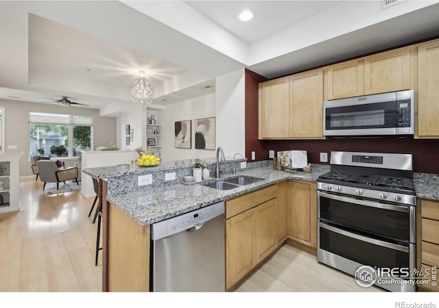 kitchen featuring appliances with stainless steel finishes, kitchen peninsula, sink, and a raised ceiling