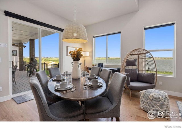 dining area with a water view and light hardwood / wood-style floors