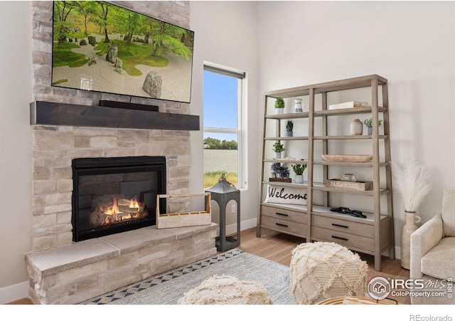 living room with a stone fireplace and light hardwood / wood-style floors