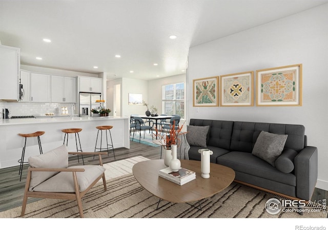 living room featuring dark hardwood / wood-style flooring and sink