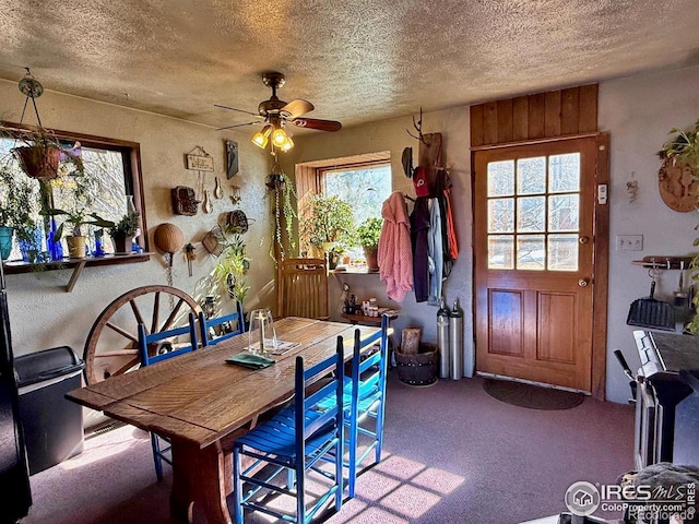 carpeted dining area featuring ceiling fan and a textured ceiling