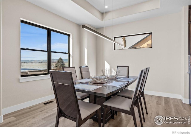 dining space with a raised ceiling, a water view, and light wood-type flooring