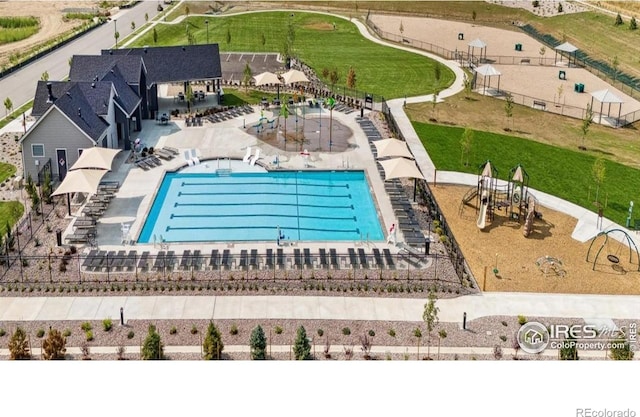 aerial view of a pool