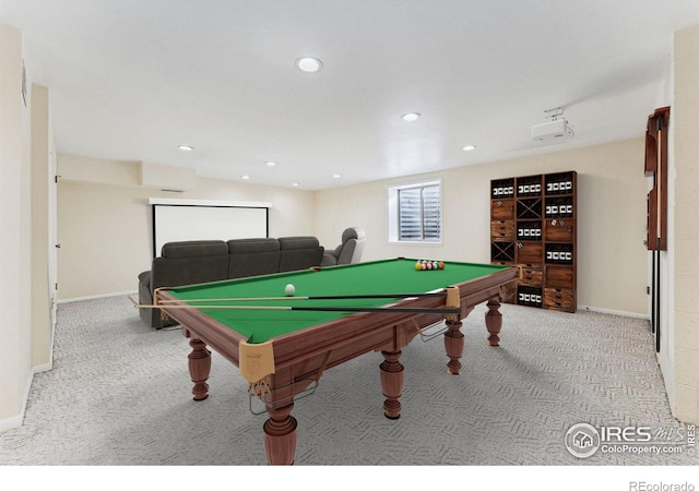 recreation room featuring light colored carpet and billiards