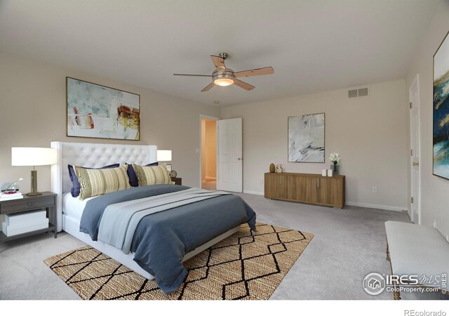 bedroom featuring carpet and ceiling fan