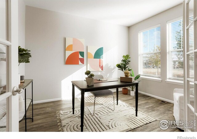 office featuring hardwood / wood-style flooring, a healthy amount of sunlight, and french doors