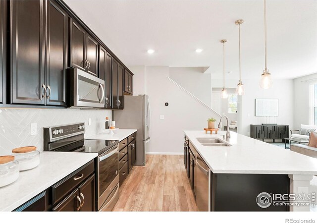 kitchen featuring appliances with stainless steel finishes, pendant lighting, tasteful backsplash, sink, and a kitchen island with sink